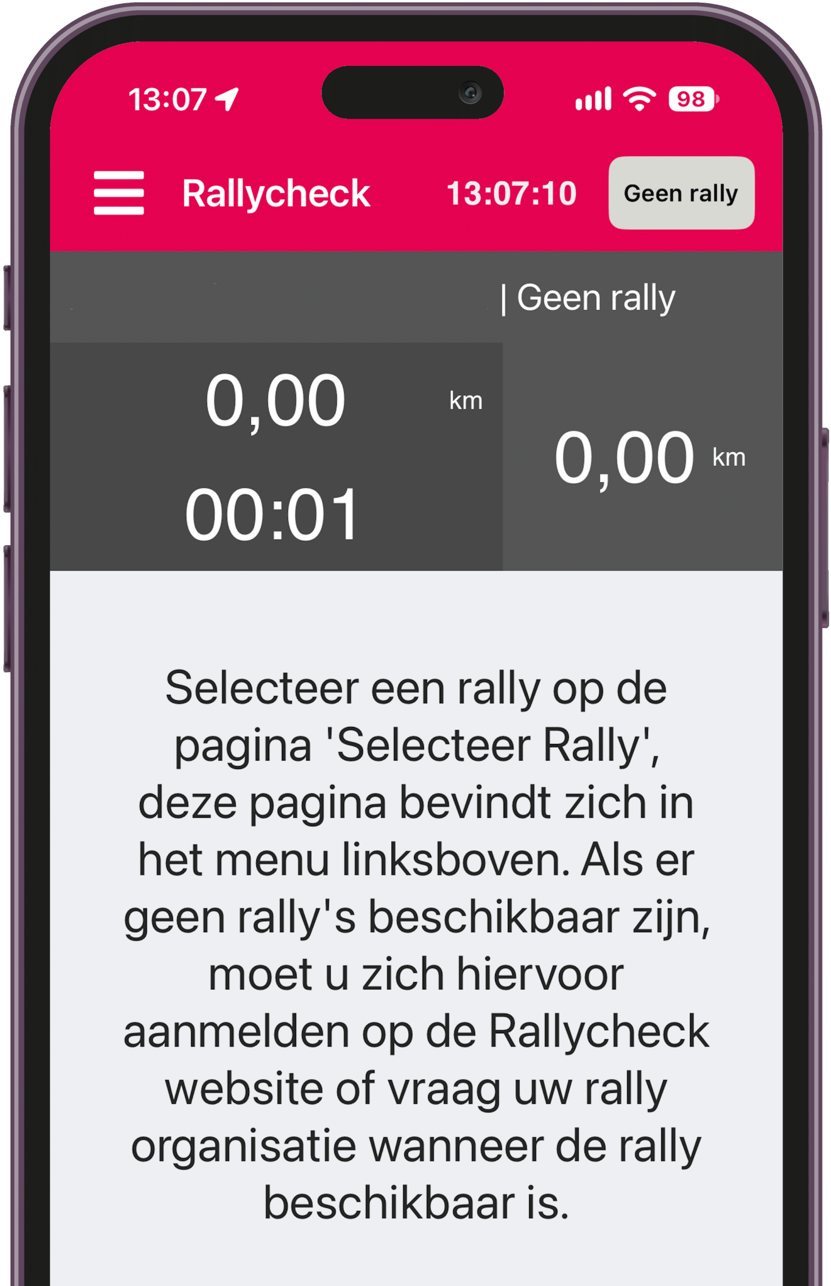 Rallycheck hoofdscherm