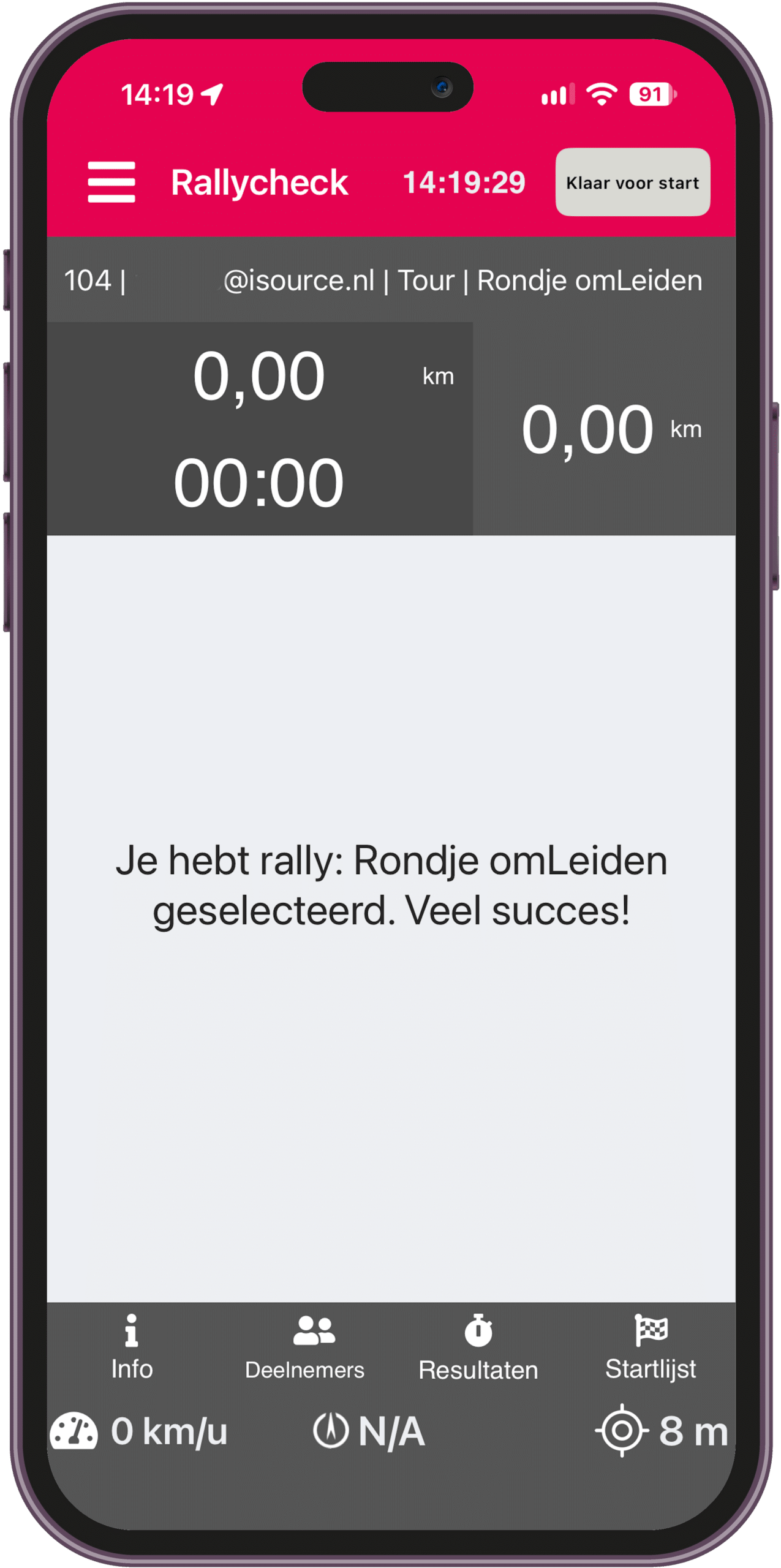Rallycheck app - Hoofdscherm, rally geselecteerd