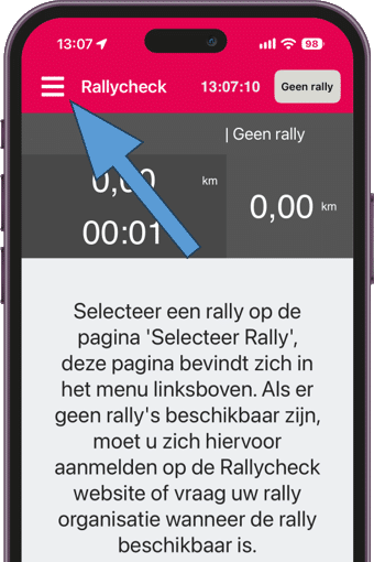 Rallycheck app - hoofdscherm met hamburger menu
