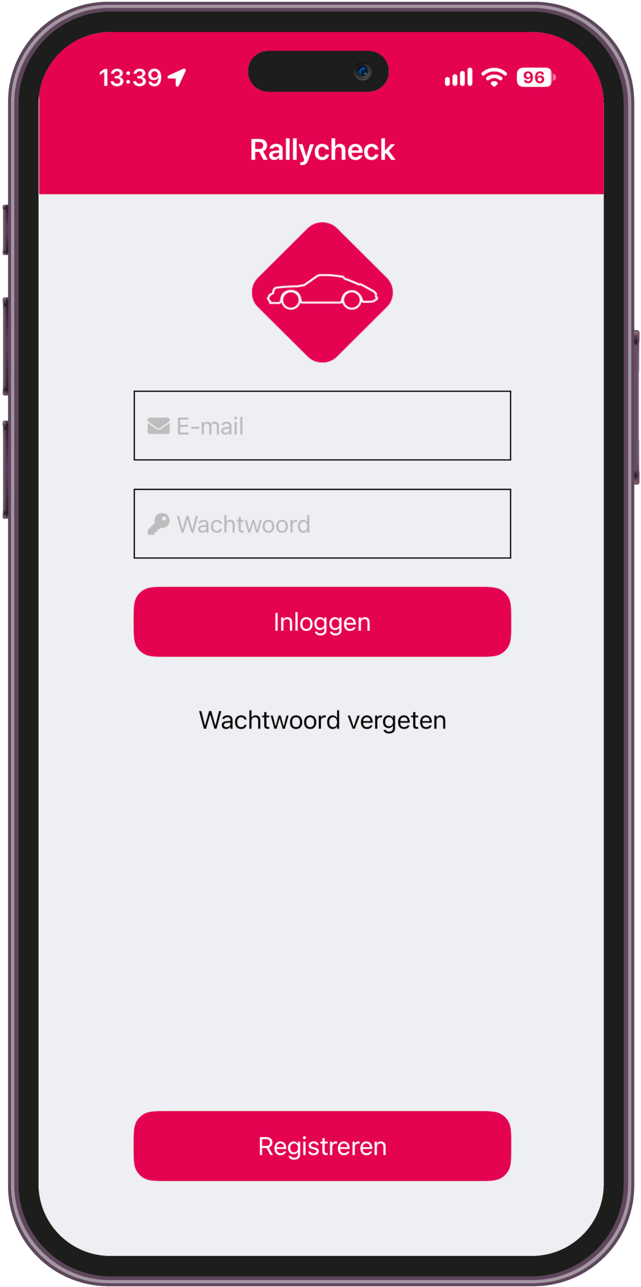 Rallycheck app inlogscherm