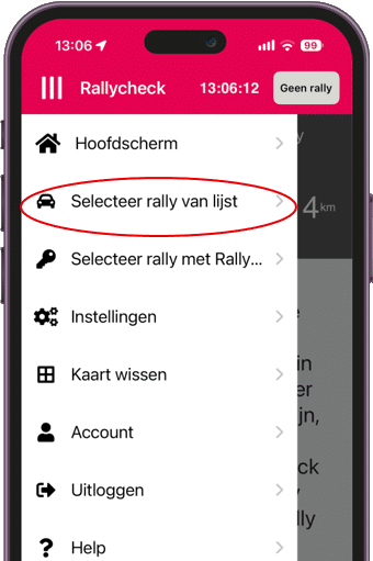 Rallycheck app - selecteer rally van lijst