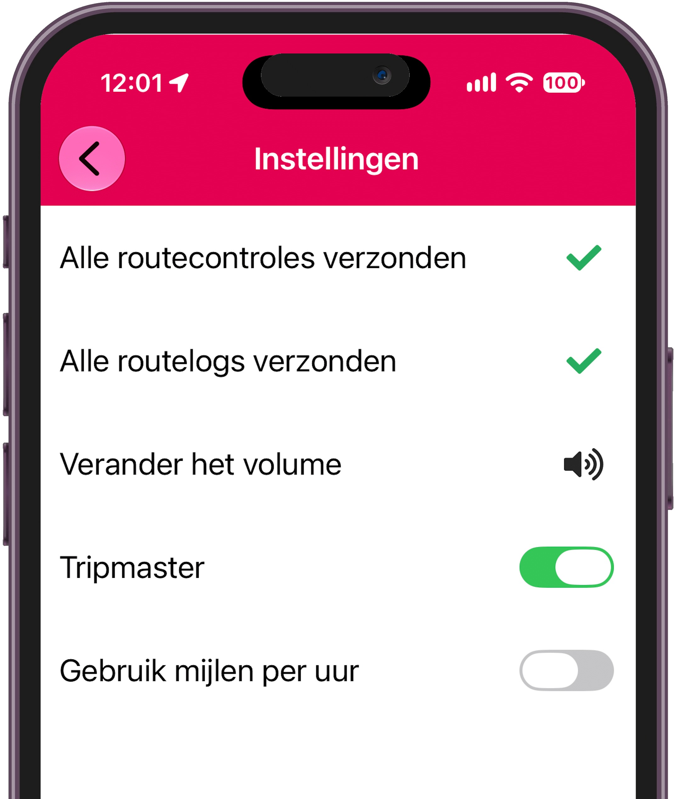 Rallycheck app - menu Isntellingen