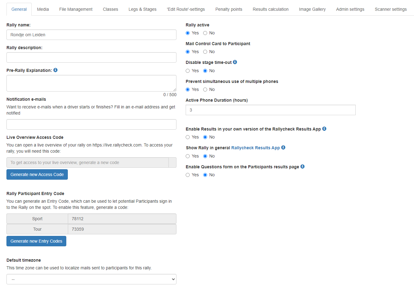 Rallycheck - Edit Rally - General Settings