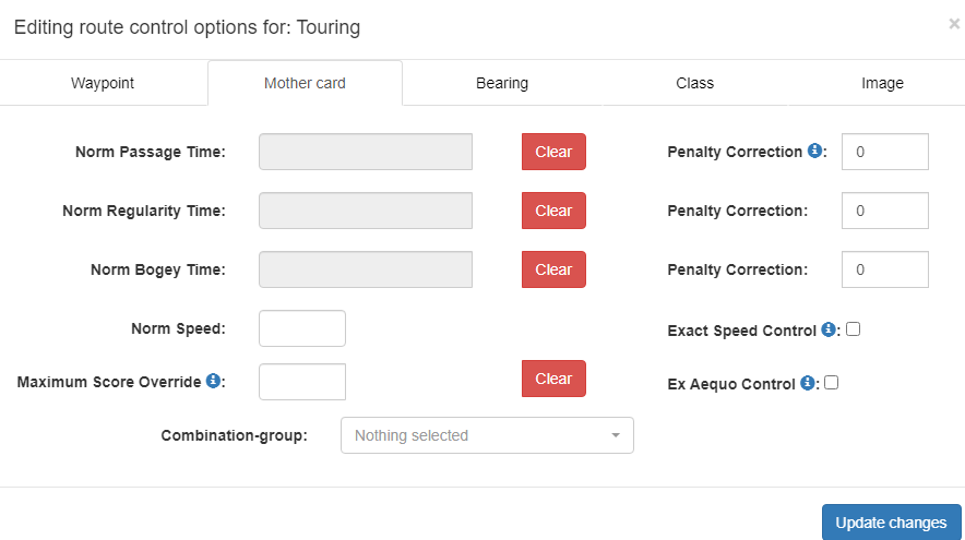 Rallycheck - Edit Route - Route Control options - Mothercard