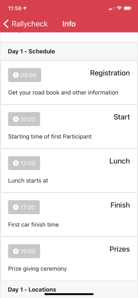 Rallycheck app - schedule