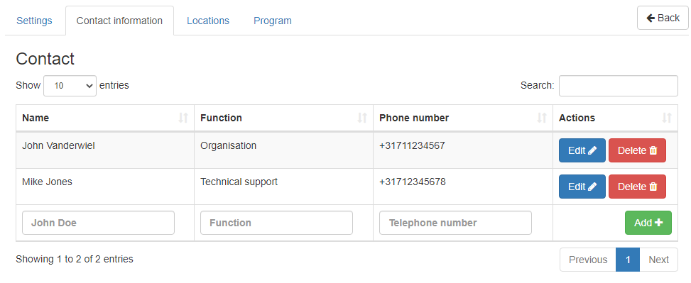 Rallycheck apps menu page - contact information