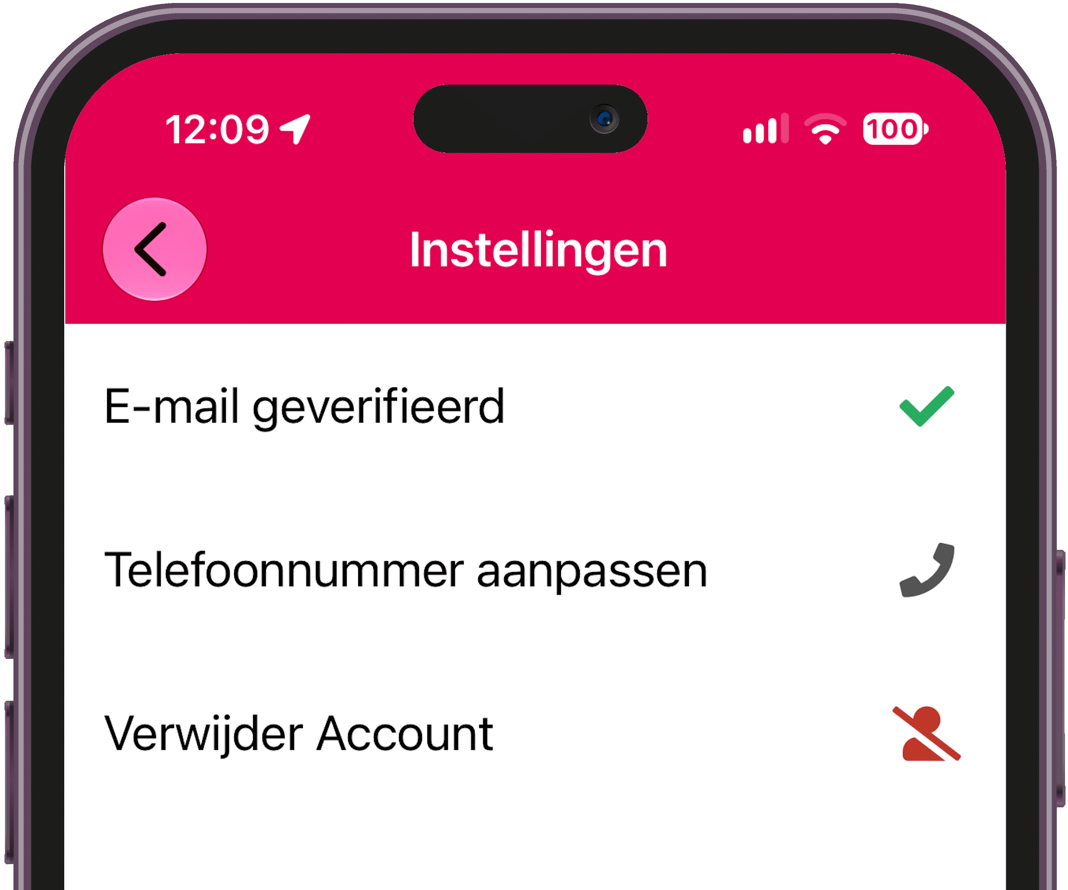 Rallycheck app - Menu Account